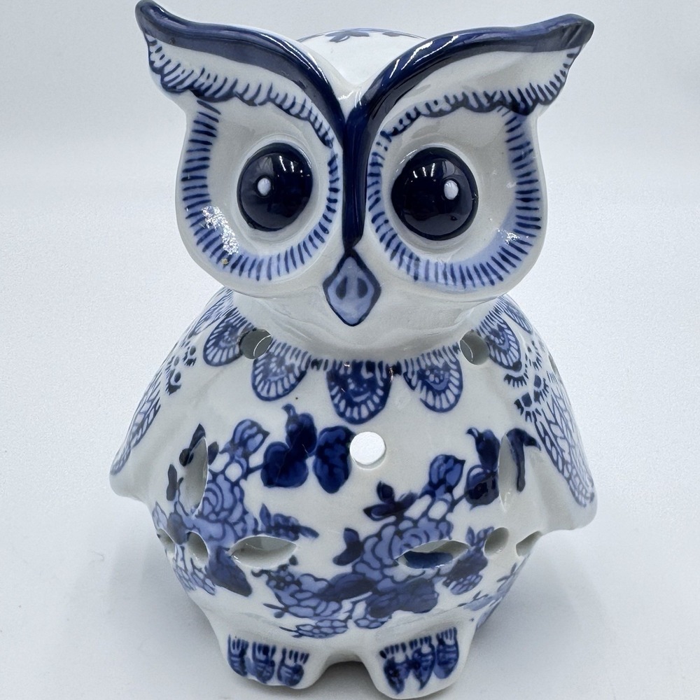 Chinoiserie Owl Tea Light Blue & White Ceramic Votive Candle Holder 5.5" Tall